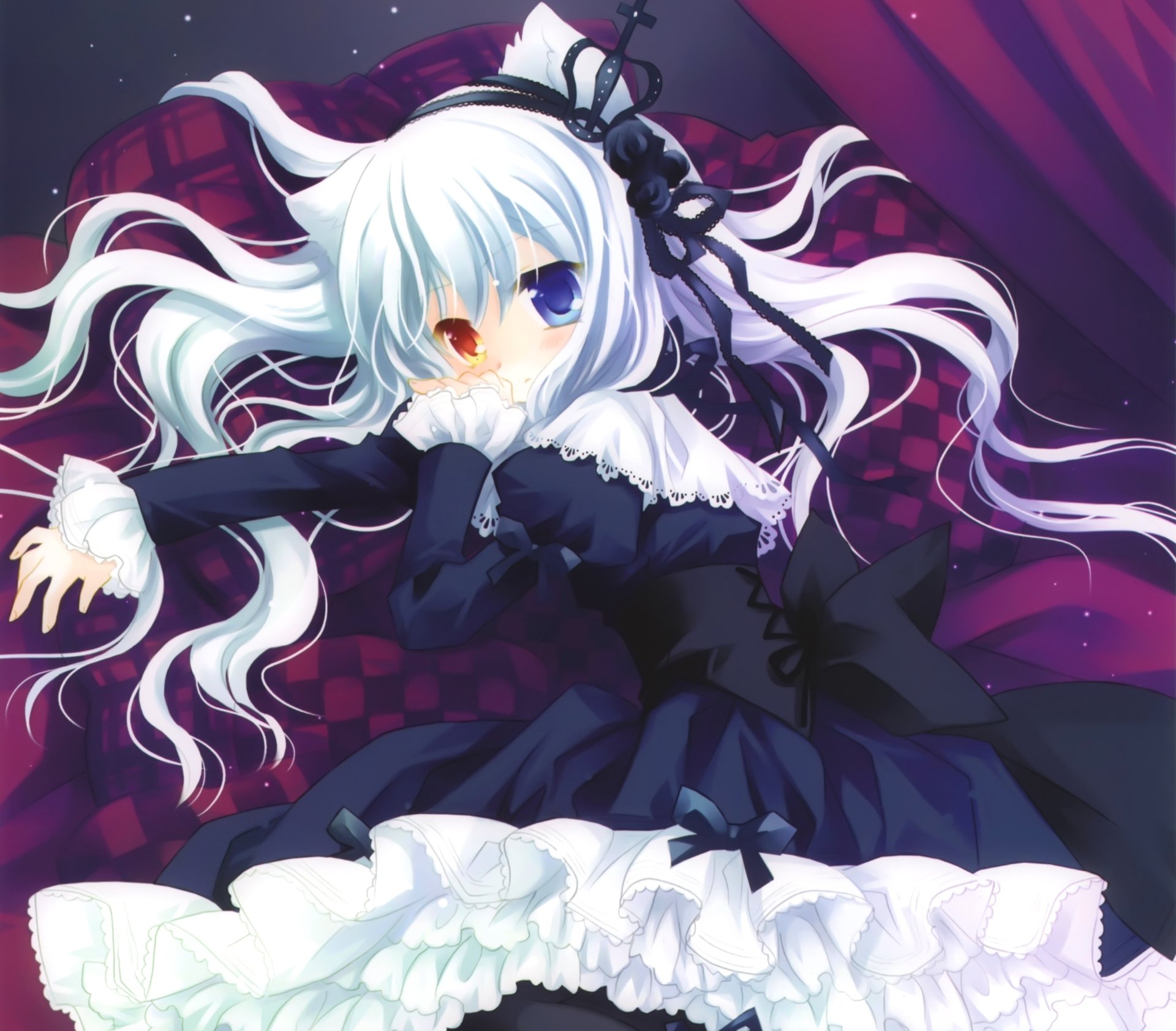 Anime-style original character with long white hair, heterochromia blue eyes, a crown and ribbon, blushing softly against a dark, 4K Ultra HD desktop background.