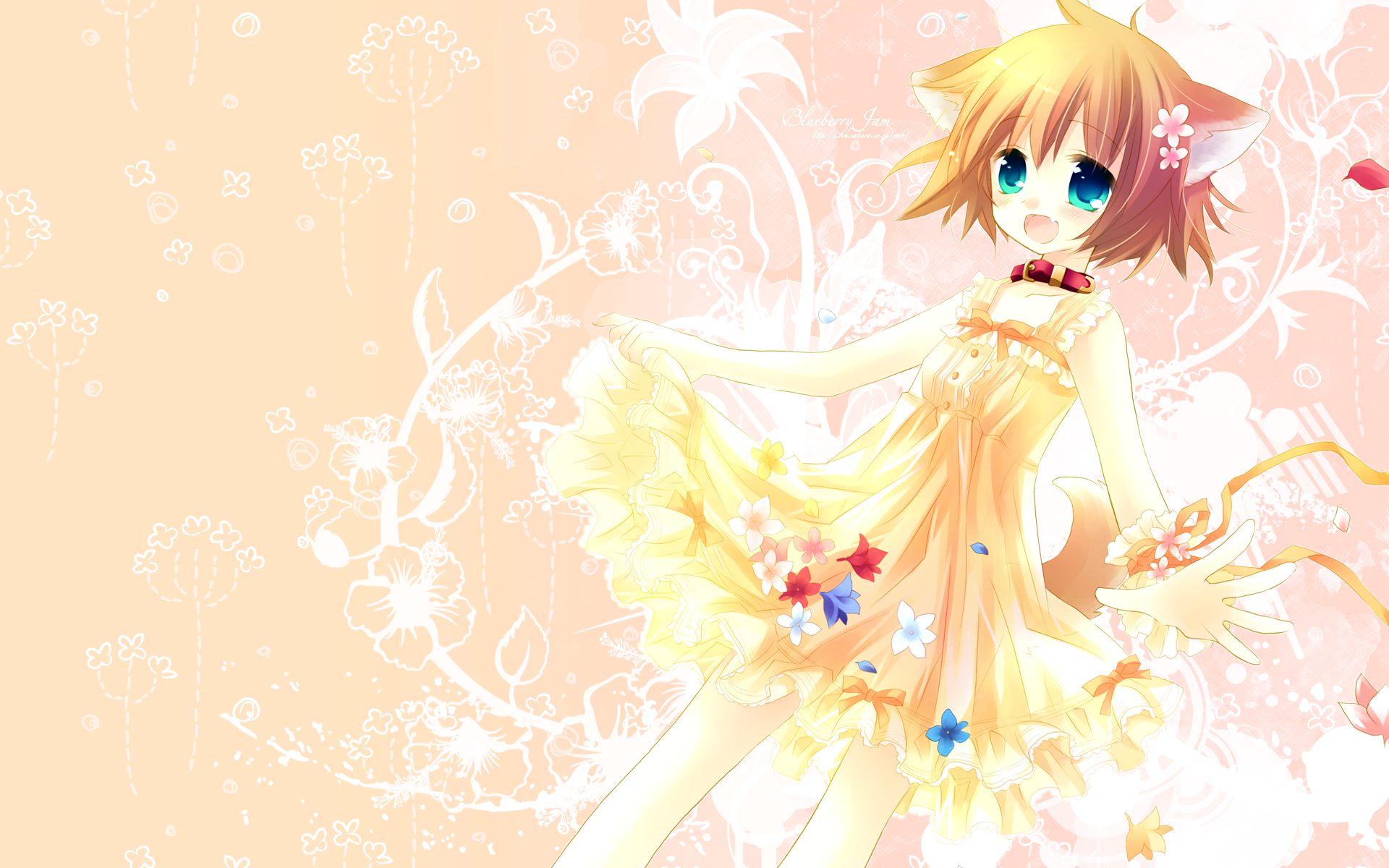 Download Blue Eyes Ribbon Tail Brown Hair Short Hair Smile Flower Anime Original HD Wallpaper by Sakurazawa Izumi