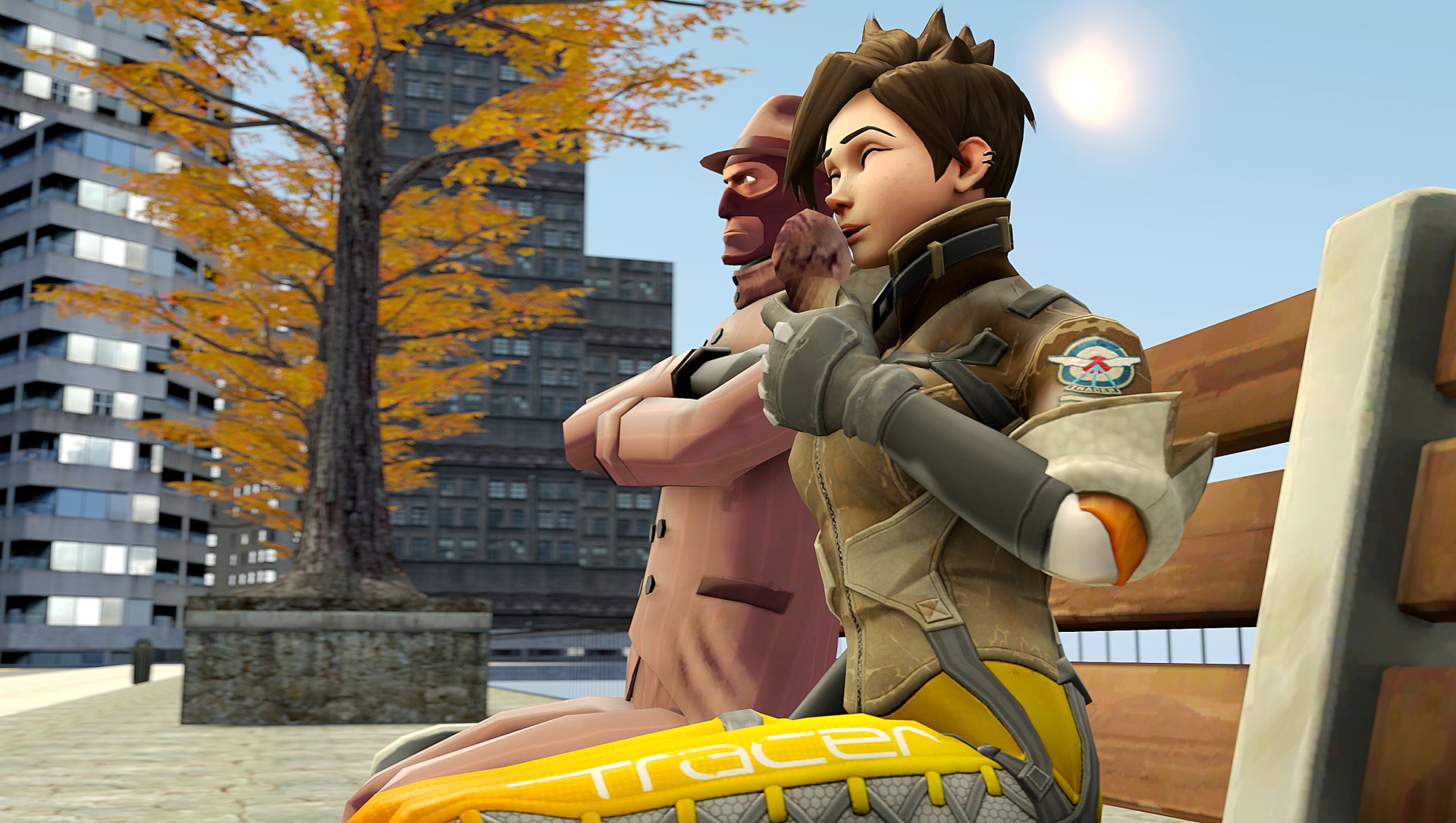 2K Quad HD PC wallpaper of Tracer (Overwatch) and Spy (Team Fortress) sitting back-to-back on a city bench — crossover video game background.