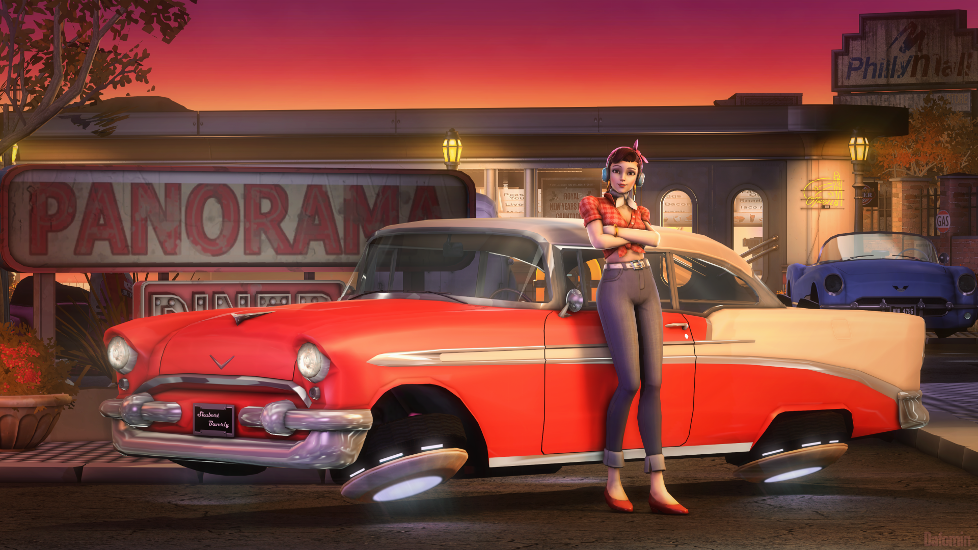 D.Va from Overwatch stands confidently beside a classic red car at sunset in this vibrant 4K Ultra HD PC desktop wallpaper.