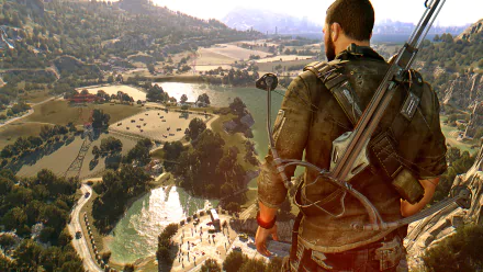 HD wallpaper of Dying Light: The Following, featuring a character overlooking a zombie-infested countryside landscape.