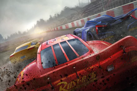 HD desktop wallpaper from Cars 3 featuring Lightning McQueen, Cruz Ramirez, and Jackson Storm racing intensely on a dirt track, with a dramatic, misty background.
