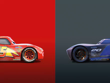 HD desktop wallpaper featuring Jackson Storm and Lightning McQueen from the movie Cars 3, with McQueen on a red background and Storm on a dark gray background.