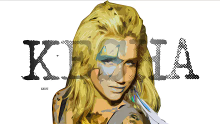 Digital portrait of musician and singer Kesha styled as an HD PC desktop wallpaper, featuring her face prominently with artistic text in the background.