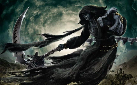 HD desktop wallpaper featuring a dark, ominous scene with a powerful Grim Reaper, holding a scythe, set against a swirling stormy sky. The imagery conveys themes of death and darkness.