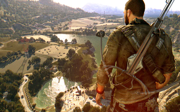 HD wallpaper of Dying Light: The Following, featuring a character overlooking a zombie-infested countryside landscape.