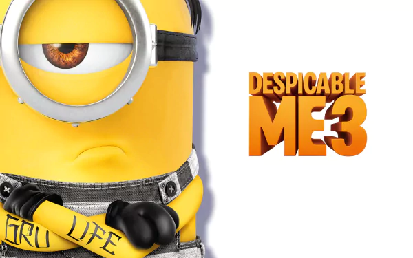 HD desktop wallpaper featuring Stuart, the one-eyed Minion from the movie Despicable Me 3, with the film's logo on a white background.