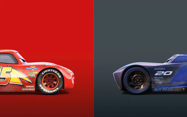 HD desktop wallpaper featuring Jackson Storm and Lightning McQueen from the movie Cars 3, with McQueen on a red background and Storm on a dark gray background.