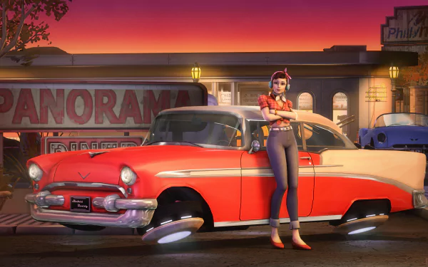 D.Va from Overwatch stands confidently beside a classic red car at sunset in this vibrant 4K Ultra HD PC desktop wallpaper.