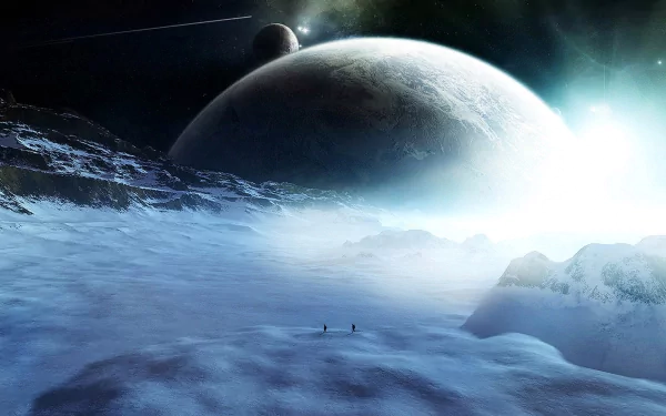 A stunning HD wallpaper depicting an icy, blue planet under a starry sky, featuring snow-covered landscapes and the rise of a distant celestial body, inspired by sci-fi themes.