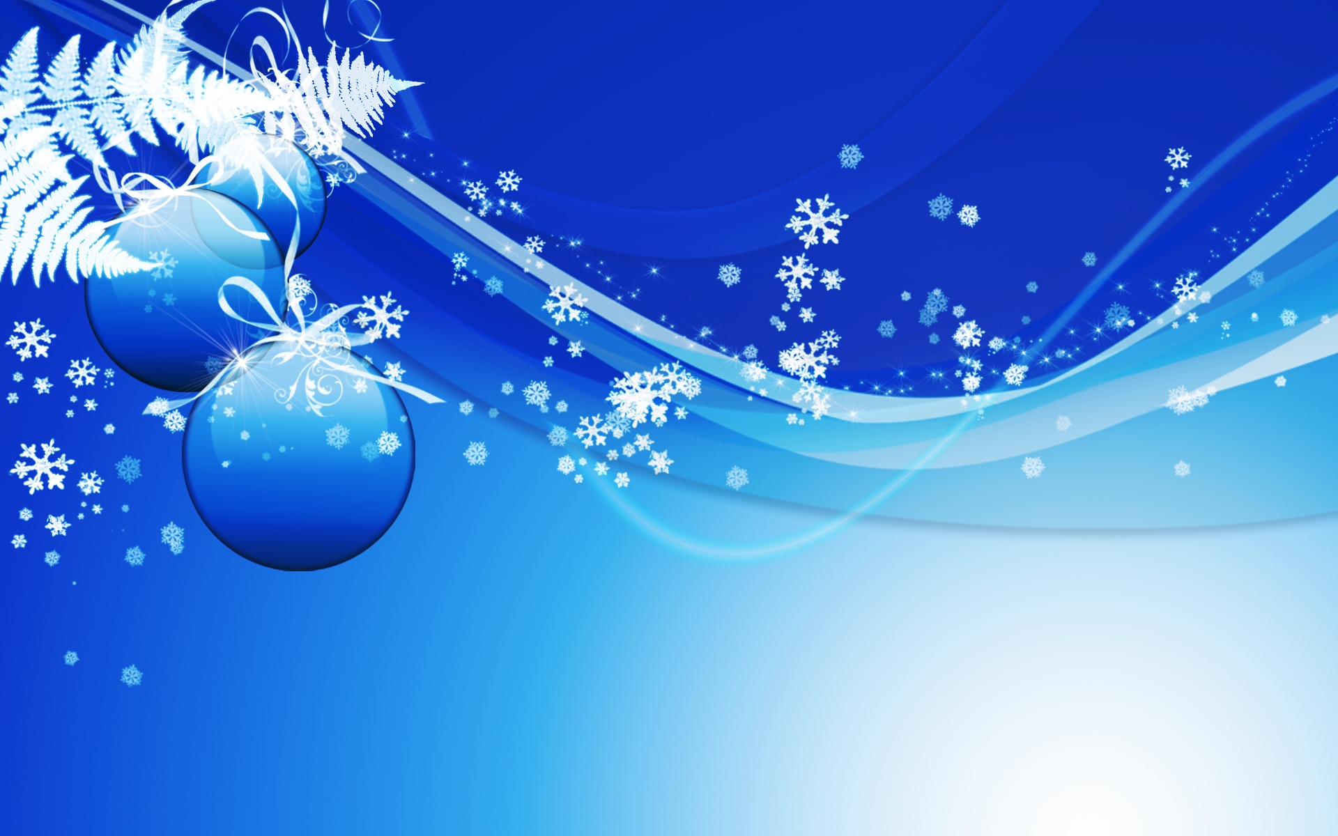 Blue Christmas ornaments on a festive desktop wallpaper.