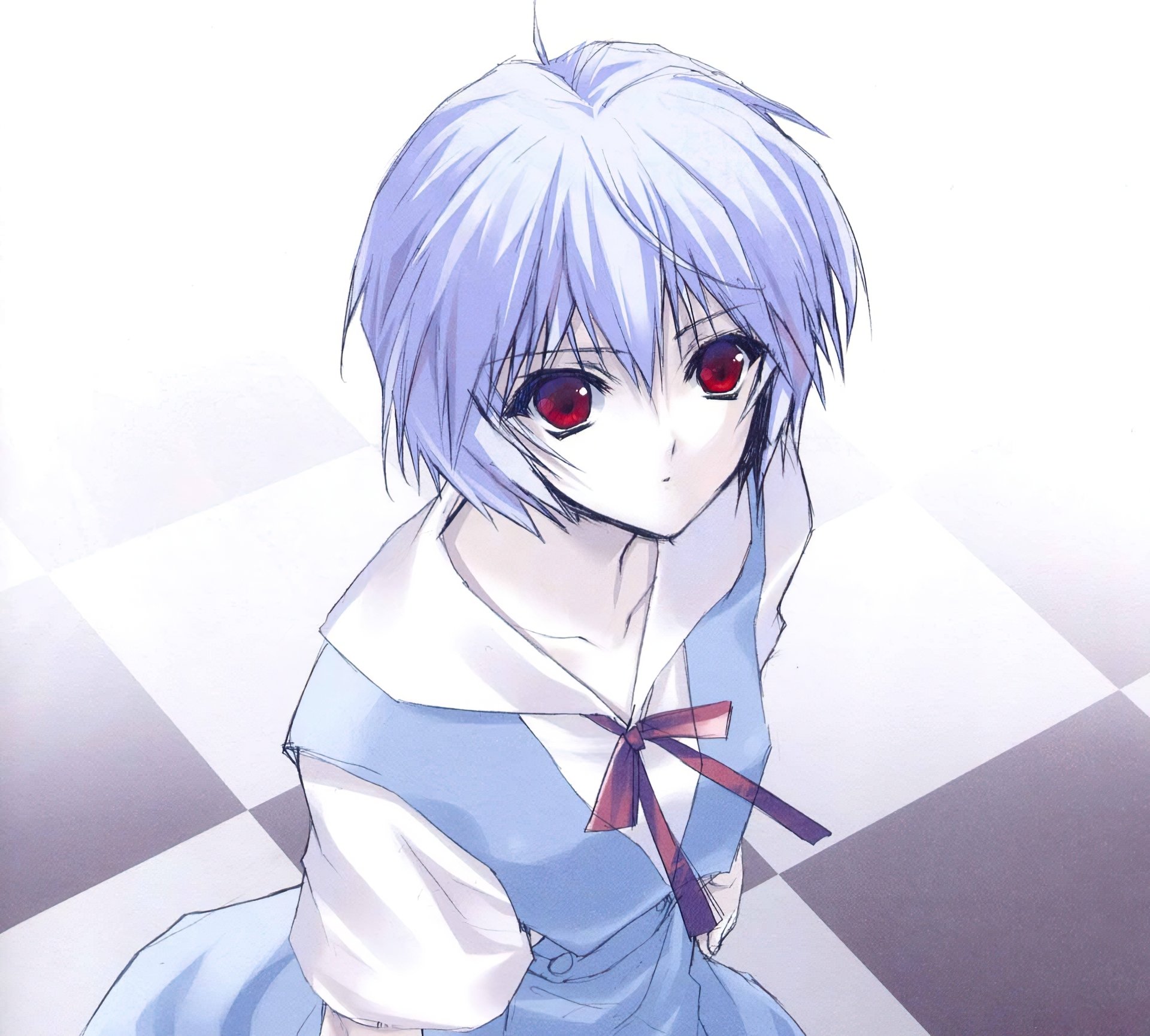 HD PC desktop wallpaper/background of Rei Ayanami — anime portrait from Neon Genesis Evangelion: pale blue hair, red eyes, school uniform set against a soft geometric backdrop.