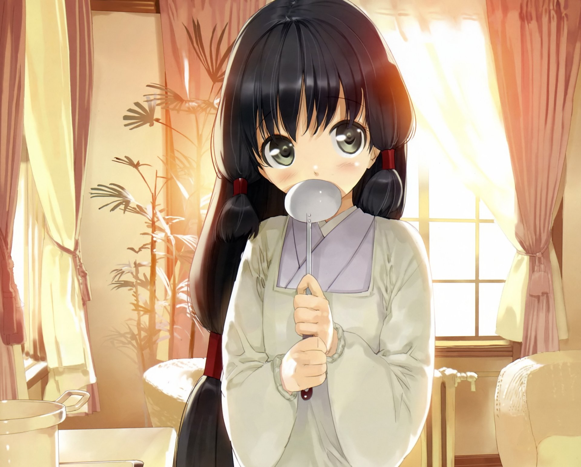 Download Plant Grey Eyes Black Hair Long Hair Kimono Blush Anime Original 4k Ultra HD Wallpaper by Ueda Ryo