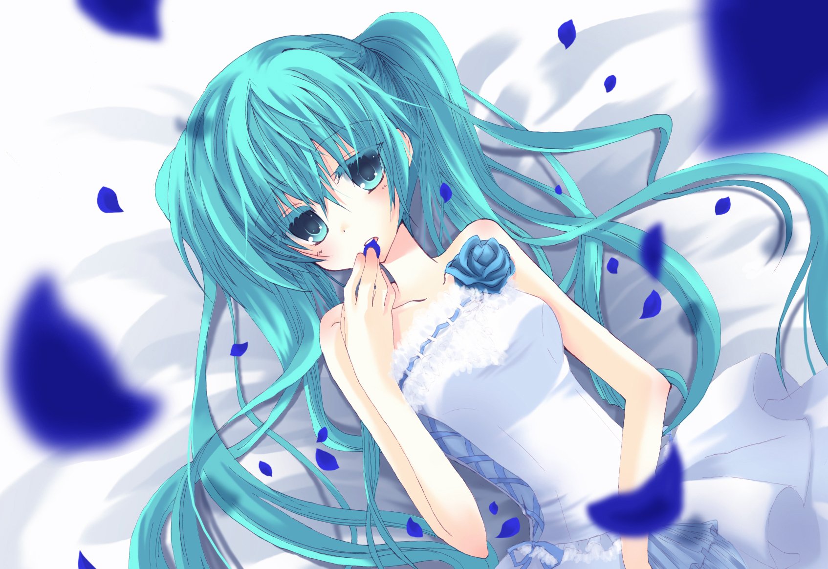 Hatsune Miku, a popular Vocaloid character, is depicted in this HD anime wallpaper, featuring her iconic turquoise hair and a delicate rose, surrounded by floating blue petals.