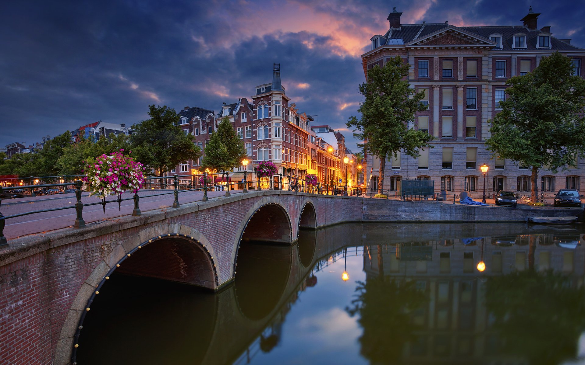 Download Netherlands Dusk Building Canal Bridge City Man Made Amsterdam HD Wallpaper