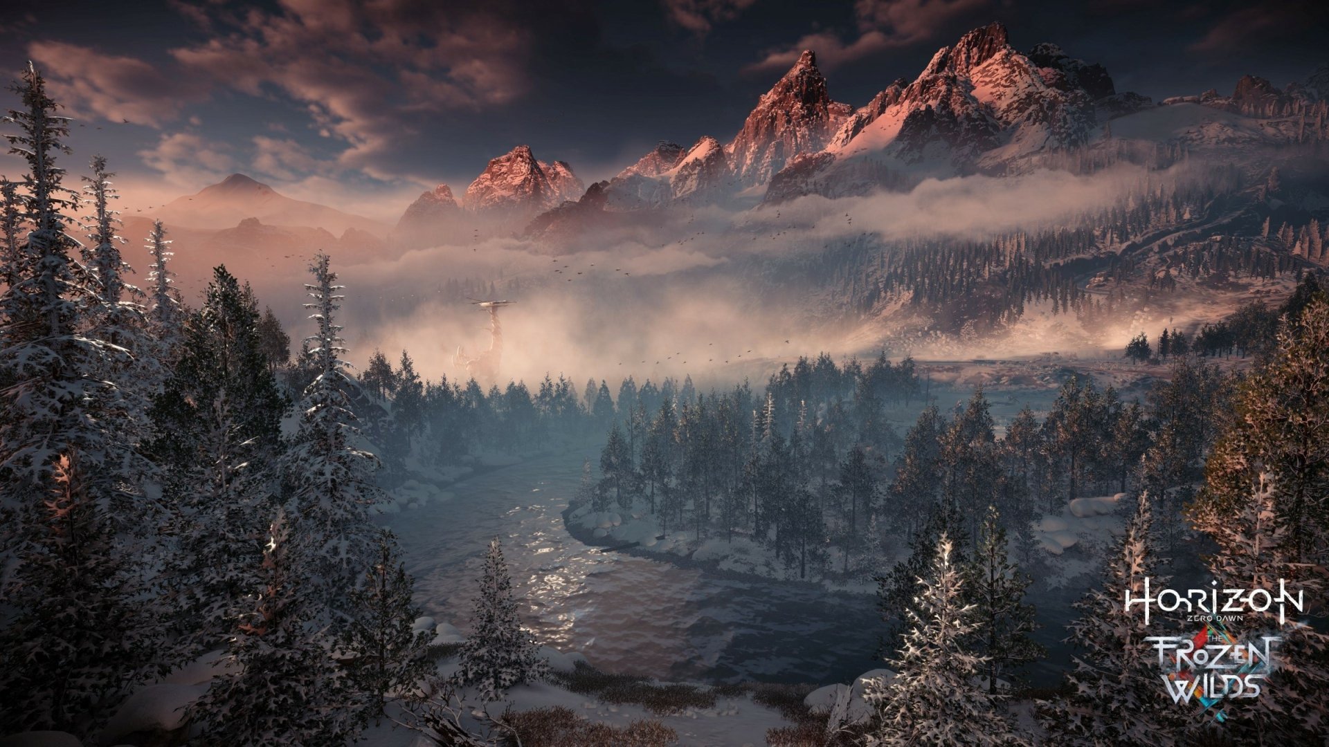 HD PC desktop wallpaper featuring a snowy mountainous landscape from Horizon Zero Dawn: The Frozen Wilds video game, showcasing misty forests and dramatic skies.