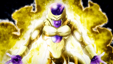 HD desktop wallpaper featuring Frieza from Dragon Ball Super, showcasing his powerful golden form amidst a vibrant, glowing energy aura.