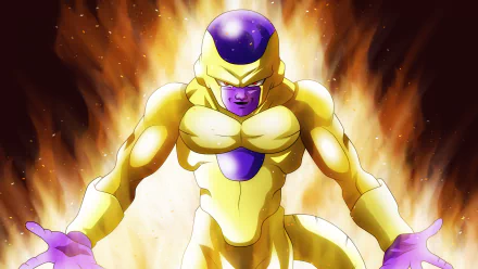 HD desktop wallpaper of Frieza from Dragon Ball Super in his golden form, with an intense fiery aura behind him.