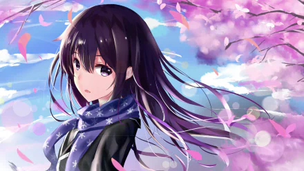 An anime character with purple eyes, long purple hair, and a blue scarf, stands amidst a backdrop of blossoming trees and a bright sky. This HD wallpaper features Yukino Yukinoshita from My Teen Romantic Comedy SNAFU.
