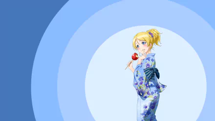 Eri Ayase from the anime Love Live! in a blue floral yukata holding a red candied apple, posed against concentric blue circles — HD PC desktop wallpaper background.