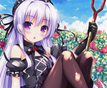 glove blush white hair bow (Clothing) rose shovel flower long hair purple eyes Anime Original HD Desktop Wallpaper | Background Image