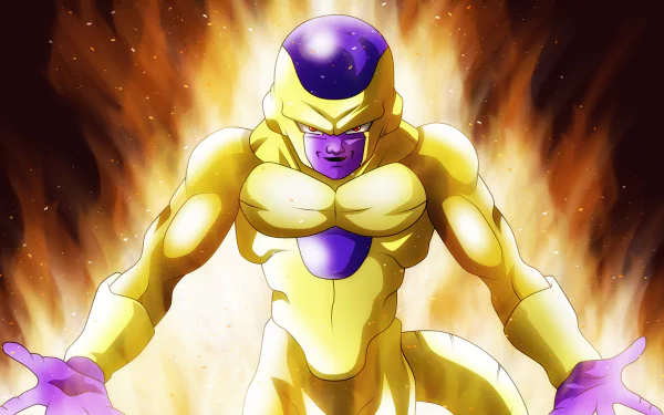 HD desktop wallpaper of Frieza from Dragon Ball Super in his golden form, with an intense fiery aura behind him.