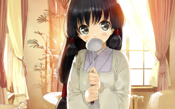 plant grey eyes black hair long hair kimono blush Anime Original HD Desktop Wallpaper | Background Image