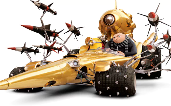 Gru from Despicable Me 3 driving a gold, weaponized vehicle filled with spikes and missiles. This HD desktop wallpaper captures Gru's adventurous spirit in the popular movie series.
