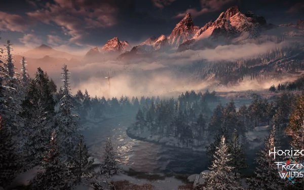 HD PC desktop wallpaper featuring a snowy mountainous landscape from Horizon Zero Dawn: The Frozen Wilds video game, showcasing misty forests and dramatic skies.