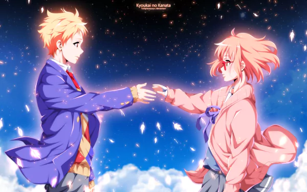 HD desktop wallpaper featuring Akihito Kanbara and Mirai Kuriyama from the anime Kyoukai no Kanata (Beyond the Boundary), set against a dreamy, starry sky with soft clouds and gentle light effects.