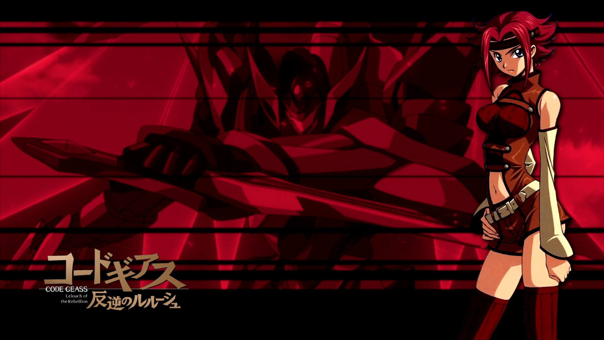HD anime wallpaper featuring a red-themed Code Geass background with a prominent mecha silhouette and a female character in dynamic attire on the right.