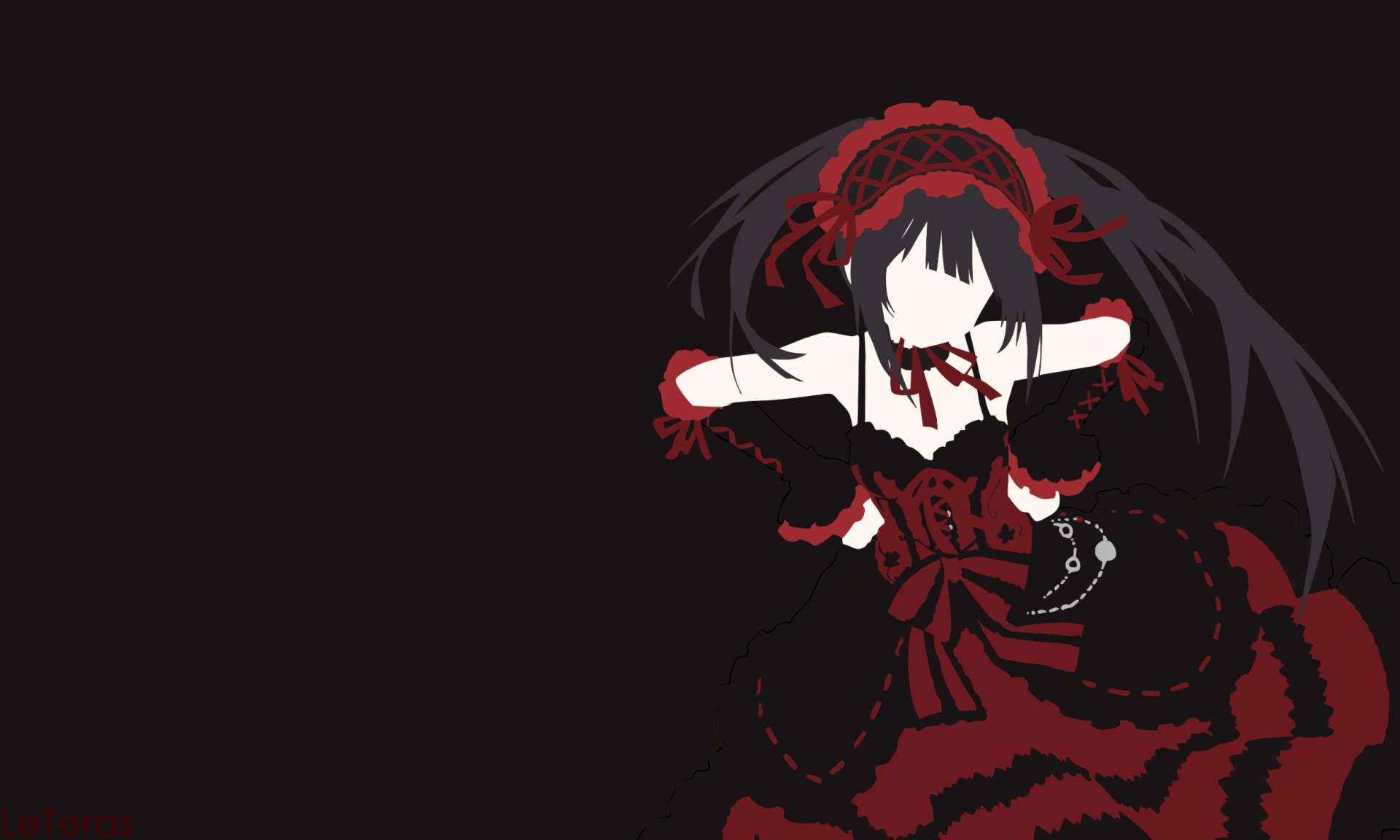 Anime HD PC desktop wallpaper/background: Date A Live's Kurumi Tokisaki in a gothic red-and-black dress against a dark backdrop, positioned off-center to the right.