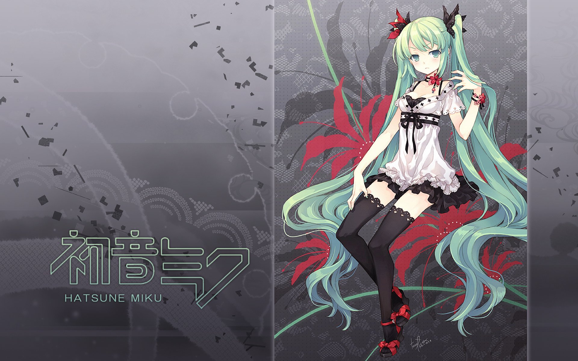 A HD desktop wallpaper featuring Hatsune Miku, the iconic Vocaloid character, elegantly posed with flowing green hair and a stylish outfit, surrounded by a striking background design.