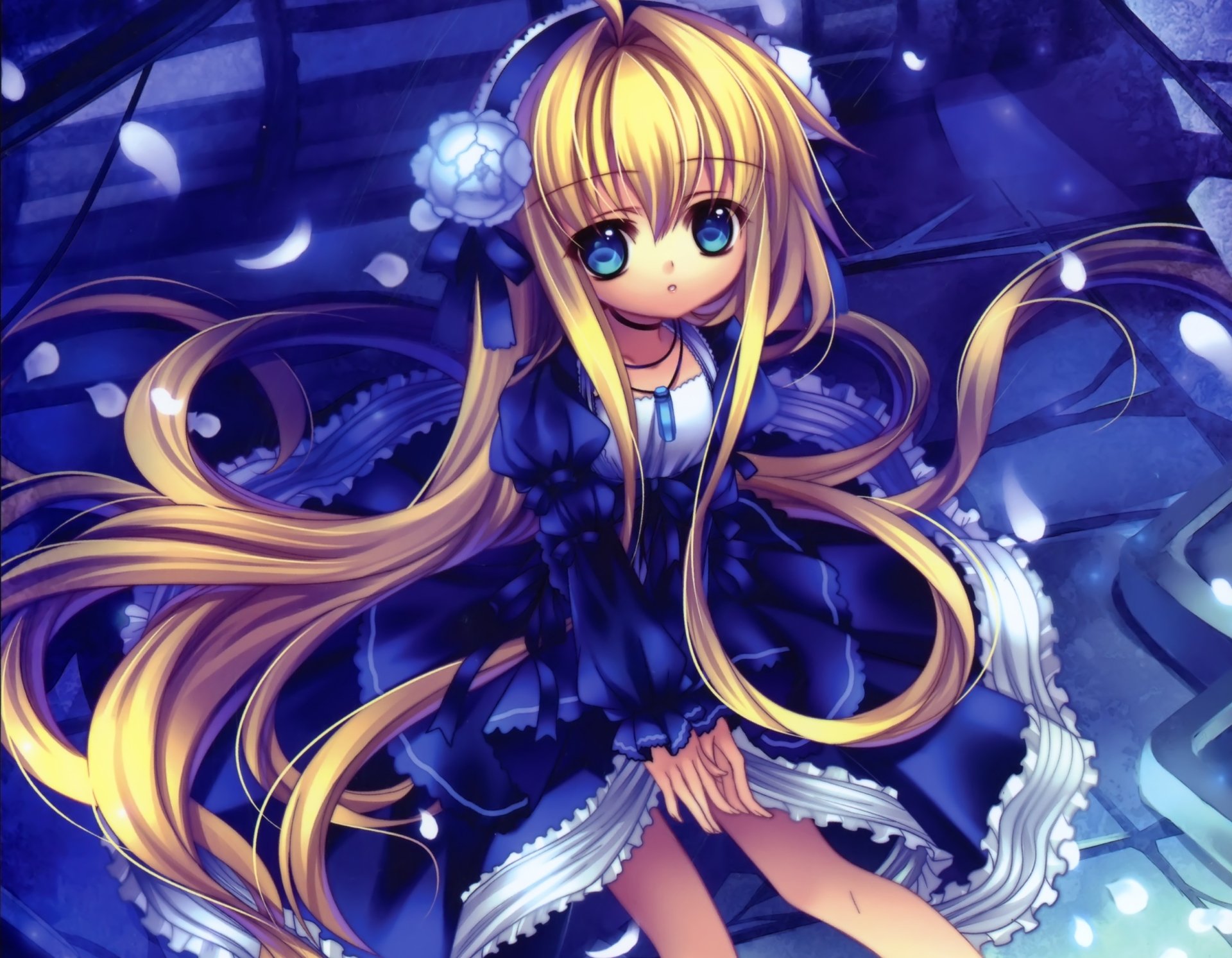 Download Blonde Long Hair Bow (Clothing) Petal Flower Blue Eyes Anime ...