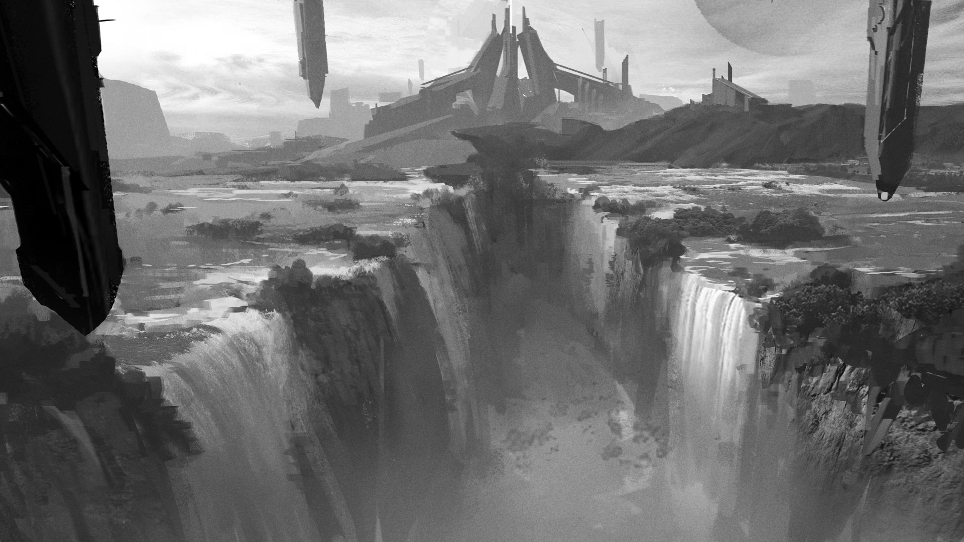 Black and white fantasy landscape featuring a dramatic waterfall cascading into a deep chasm, with a mystical fortress-like structure in the distance. HD desktop wallpaper.