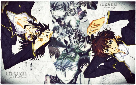 HD anime desktop wallpaper featuring characters Lelouch and Suzaku from Code Geass, with dynamic poses and a collage-style background in grayscale and color accents.
