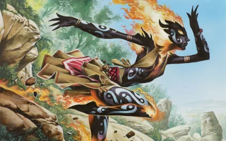 A dynamic, high-definition wallpaper featuring a fiery figure in motion, inspired by Magic: The Gathering, set against a vibrant, natural landscape.