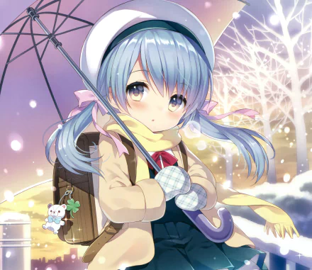 Anime-style girl with long blue hair, purple eyes, and a blush, wearing a coat, scarf, gloves, and bow, holding an umbrella and teddy bear amid a snowy background.