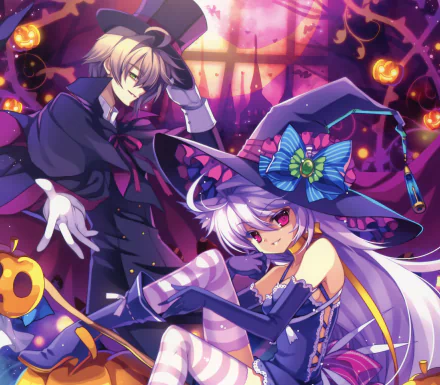 moon purple hair smile glove pumpkin green eyes purple eyes long hair short hair bow (Clothing) broom hat Anime Original HD Desktop Wallpaper | Background Image