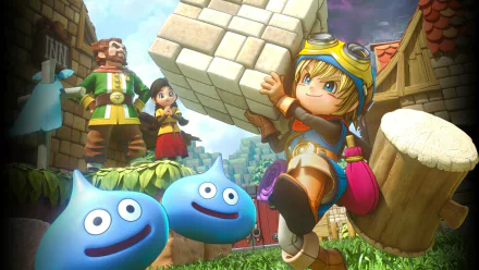 HD wallpaper featuring characters from Dragon Quest Builders with a hero lifting a giant block and blue slimes in the foreground.