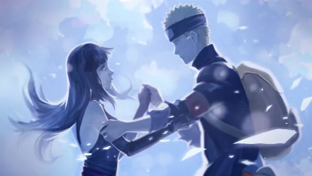 HD desktop wallpaper featuring Naruto Uzumaki and Hinata Hyuga from the anime Naruto in a serene, heartfelt moment with a soft blue background.
