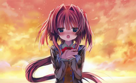 4K Ultra HD PC desktop wallpaper: original anime girl with long pink hair and blue eyes, bow-accented school uniform, hands to her chest as a golden sunset glows behind her.