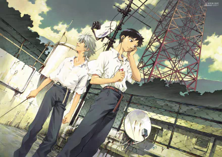 HD wallpaper featuring Kaworu Nagisa and Shinji Ikari from Neon Genesis Evangelion. The characters stand together in a detailed anime illustration with a backdrop of industrial elements and a cloudy sky.