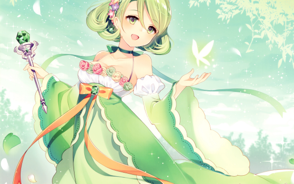 Anime Original Flower bow Crystal Smile Green Eyes Green Hair Daisy Butterfly HD Wallpaper | Background Image