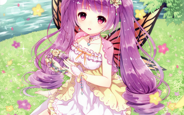 Anime Original Twintails Purple Hair Flower Smile Wings Crown Pink Eyes Earrings Blush Petal Long Hair HD Wallpaper | Background Image