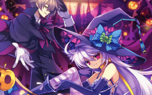 HD PC wallpaper: original anime scene beneath a full moon — smiling witch with long purple hair, green and purple eyes, bow-topped hat and broom; short-haired gloved companion and pumpkins.