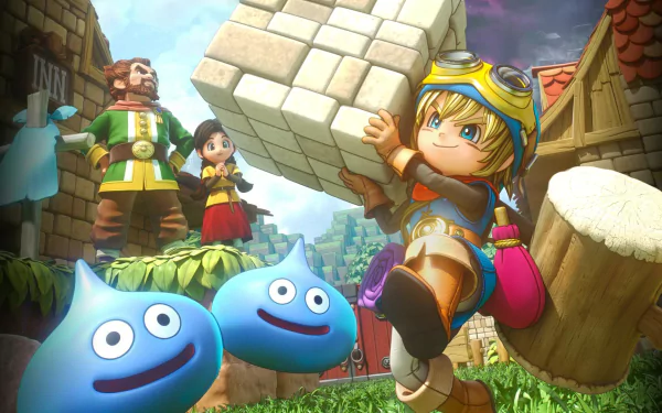 HD wallpaper featuring characters from Dragon Quest Builders with a hero lifting a giant block and blue slimes in the foreground.