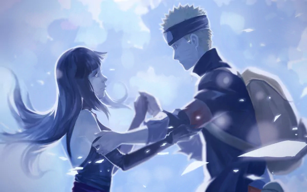 HD desktop wallpaper featuring Naruto Uzumaki and Hinata Hyuga from the anime Naruto in a serene, heartfelt moment with a soft blue background.