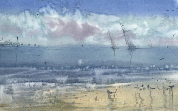 Watercolor painting of a misty seashore with distant sailboats and birds, artistic boat scene in soft blues — 4K Ultra HD PC desktop wallpaper/background.