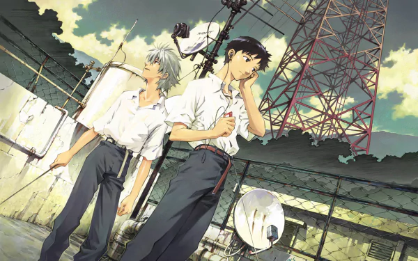 HD wallpaper featuring Kaworu Nagisa and Shinji Ikari from Neon Genesis Evangelion. The characters stand together in a detailed anime illustration with a backdrop of industrial elements and a cloudy sky.
